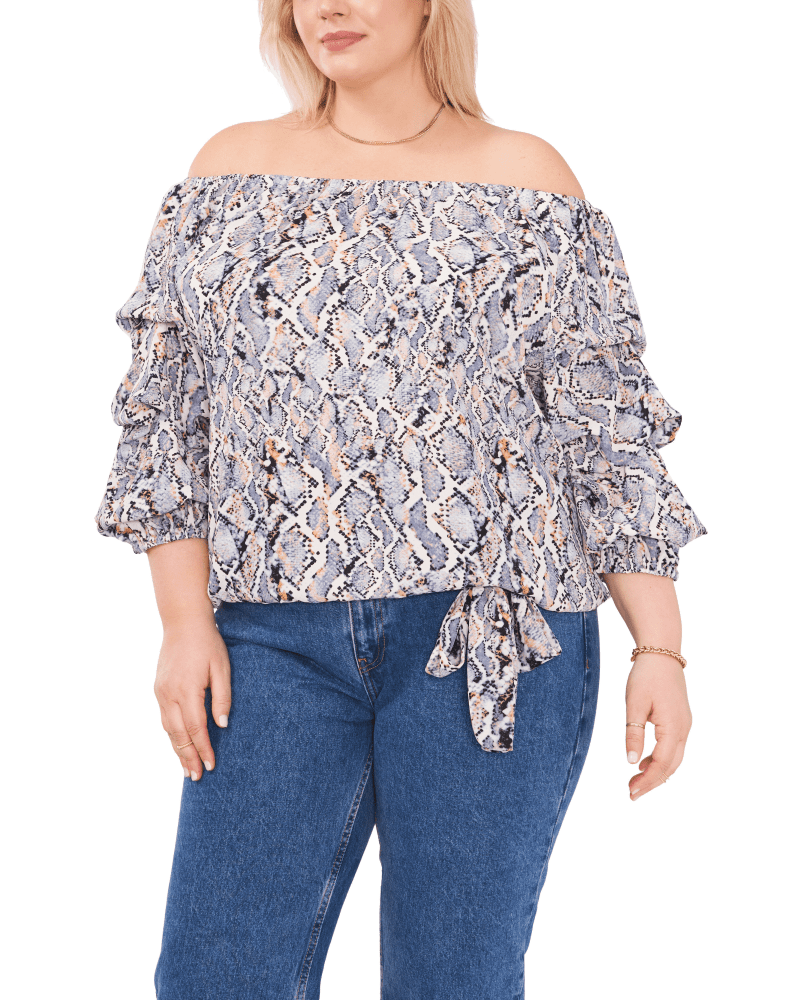 Front of a model wearing a size 1X Addison Snake Effect Blouse in BLUE CLOUD by Vince Camuto. | dia_product_style_image_id:260832